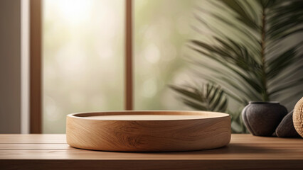 Light wooden empty round podium on a countertop on a blurred background of the modern bathroom or living room with house plant. Scene stage showcase for beauty and spa products