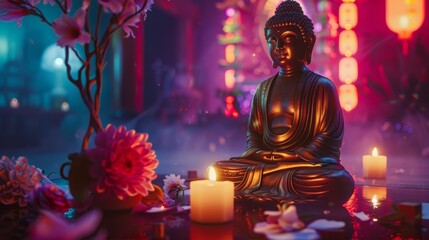 Peaceful Buddha statue surrounded by colorful flowers and illuminated candles in an ambient setting, creating a serene and tranquil vibe.