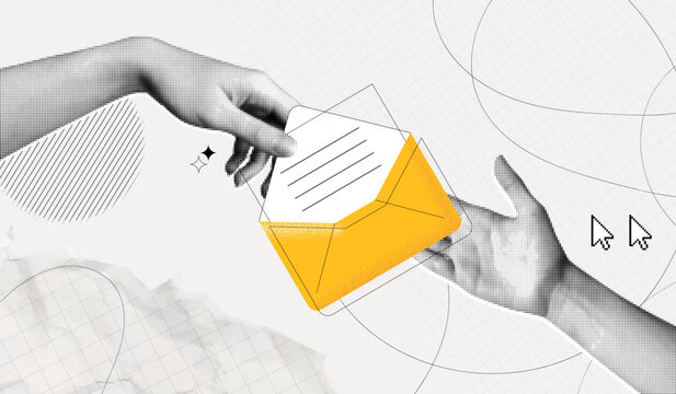 Trendy Halftone Collage Hand passes letter to recipient. New message in yellow envelope. Invitation by email. Online communication. Spam inbox. Social media marketing concept. Contemporary vector art