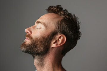 Fototapeta premium A close up of a man with beard and closed eyes looking to a side