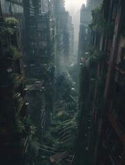 Obraz premium Dystopian Rendered Cityscape Crumbling Skyscrapers Overgrown Ruins