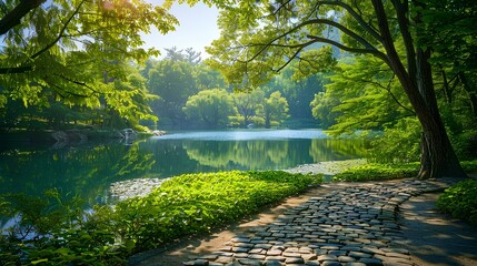 Beautiful spring summer nature scene with lake in Park surrounded by green leaves of trees in sunlight and stone path in foreground