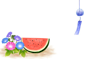 西瓜　朝顔　風鈴　暑中見舞い　素材　水彩画　縁側　風物詩　和　和風　涼しい　おしゃれ　シンプル　お中元　ギフト　ポストカード　ポスター