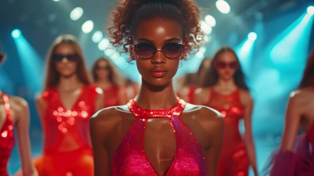 Fashion show runway with models.