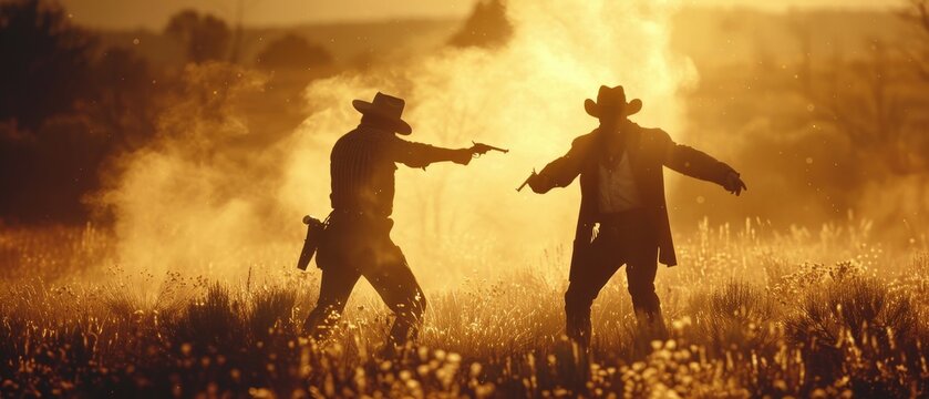 Old west duel between two cowboys in a classic showdown scene.