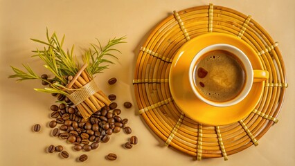 Morning Ritual: Coffee Cup, Beans, Bamboo, and Cinnamon