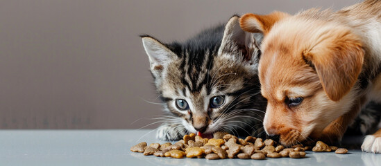 A close-up of a kitten and puppy eating side by side on an isolated solid background, in the corner of the image