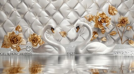 3D wallpaper with golden beautiful flowers, swan, abstract texture background for wall