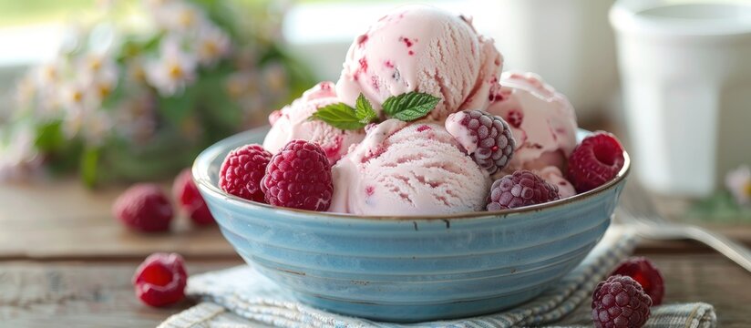 A blue bowl is filled with creamy berry ice cream topped with fresh raspberries displayed on a rustic vintage linen napkin alongside white cups 