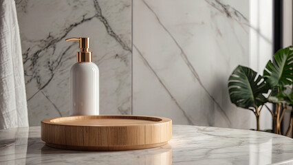 Light wooden empty round podium on a marble countertop on a blurred background of the modern bathroom with house plants, towel, cosmetic. Scene stage showcase for beauty and spa products