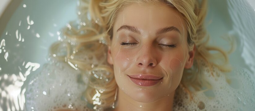 A blonde woman is laying in a bathtub with her eyes closed indulging in a spa treatment She is experiencing a professional body care session with a microcurrent facial massager - Powered by Adobe