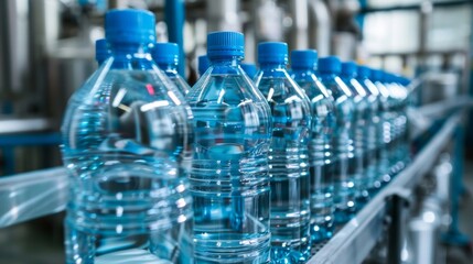 A row of clear plastic water bottles with blue caps moving on an industrial conveyor in a bottling plant.
