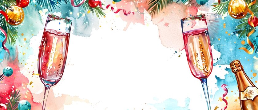 Elegant Watercolor New Year s Day with Champagne Flutes Sparkling Garlands and Shimmering Metallic Details