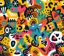 Energetic Seamless Pattern of Vibrant Doodle Inspired Shapes and Vivid Primary Colors