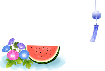 西瓜　朝顔　風鈴　暑中見舞い　素材　水彩画　風物詩　和　和風　涼しい　おしゃれ　シンプル　お中元　ギフト　ポストカード　ポスター