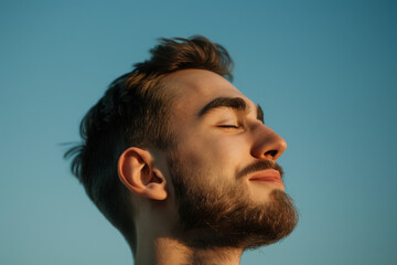 Fototapeta premium A close up of a man with beard and closed eyes looking to a side