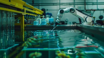 A robotic arm performs precise tasks underwater in an advanced laboratory, showcasing cutting-edge technology and automation in aquatic research.