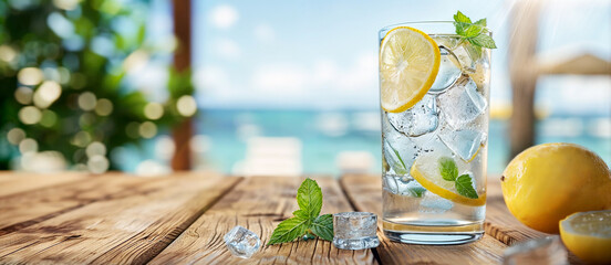 The image shows a glass of lemonade garnished with a lemon slice and mint leaves on a wooden table. In the background is a blurred summer landscape with the sea and greenery.
