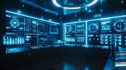 Futuristic control room with glowing blue screens and digital interfaces. High-tech environment with data displays, ideal for sci-fi settings.