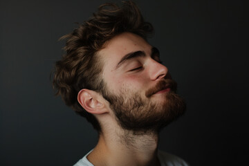 Obraz premium A close up of a man with beard and closed eyes looking to a side