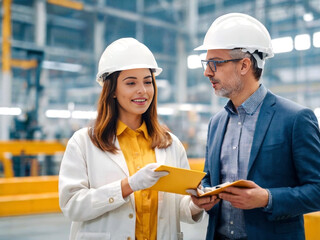 Female engineer and male production manager standing in modern industrial factory, talking about production. Manufacturing facility with robotics and ...
