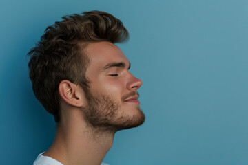 Fototapeta premium A close up of a man with beard and closed eyes looking to a side