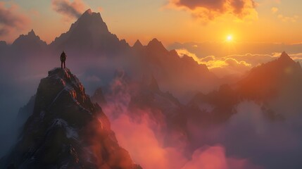Climber on a mountain peak during a breathtaking sunset. Majestic mountains and vibrant clouds create a stunning view.
