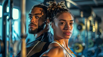 Pair of fit, confident gym-goers standing back-to-back in a modern gym setting, ready to workout and achieve their fitness goals.