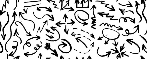 Seamless pattern various arrows grunge shapes . Brush drawn  bold curly lines, arrows and waves, brush strokes and doodle objects.