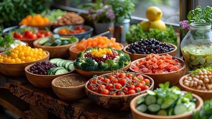 Obraz premium A beautifully arranged spread of vibrant, healthy foods showcasing fresh ingredients and colorful presentation