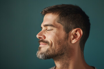 Obraz premium A close up of a man with beard and closed eyes looking to a side
