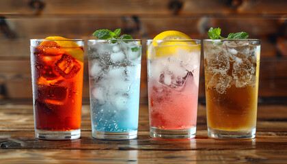 Glasses of different refreshing soda water with ice cubes on wooden table, space for text