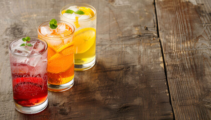 Glasses of different refreshing soda water with ice cubes on wooden table, space for text