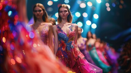 Modern fashionable show runway. Audience admire model walk. Bright spotlights over scene....