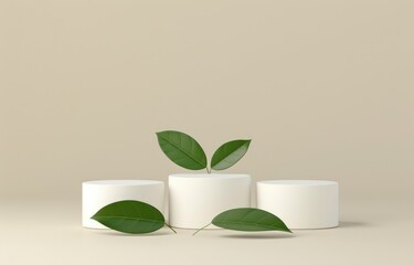 Minimalist Beige and White Podium with Green Leaves