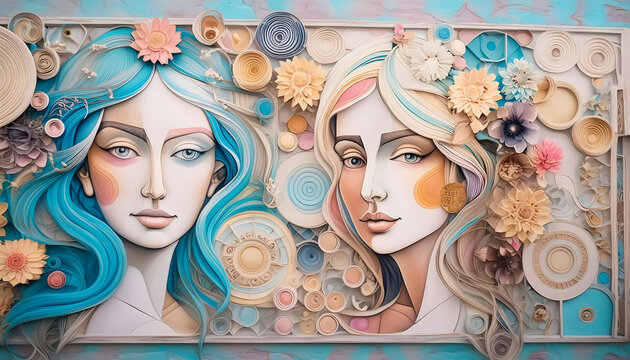 gemalte, Frauengesichter, auf, wand, Wandmalerei, close up, neu, streetart, graffiti, design, kunst, abstrakt, floral, blumen, haare, bohemian, boho, poster, hintergrund, textur, muster, make-up, bunt