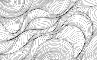 Hand drawn abstract illustration with wavy black curvy lines. Isolated smoke on white background for wallpaper or background.