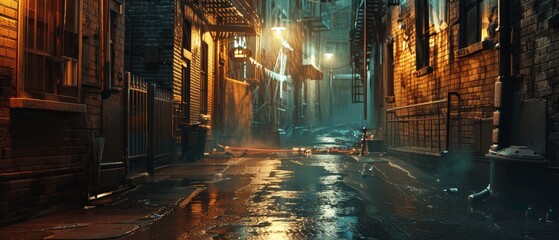 Fototapeta premium Nighttime urban alleyway with atmospheric lighting lamp 