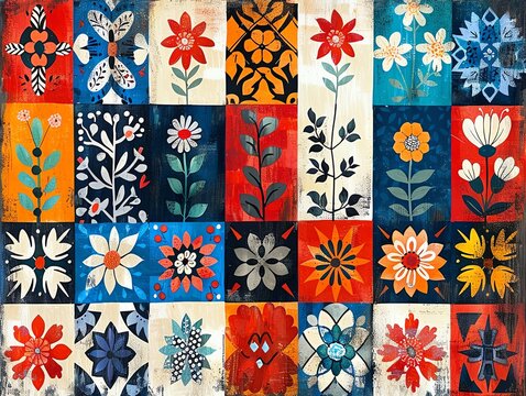 Colorful patchwork quilt design with floral and geometric patterns.