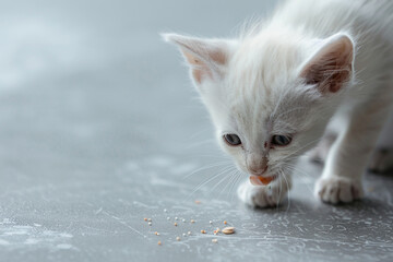 A close-up of a white kitten eating on a gray background, with copy space for pet care and animal behavior themes
