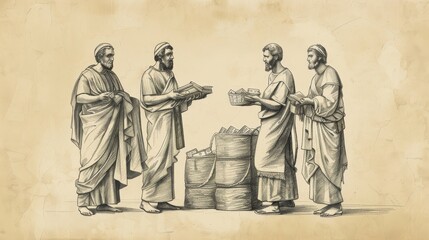 Fototapeta premium Biblical Illustration of the Parable of the Talents, Servant Burying Talent on Beige Background with Copyspace