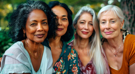 Four Diverse Women Smiling Together Outdoors