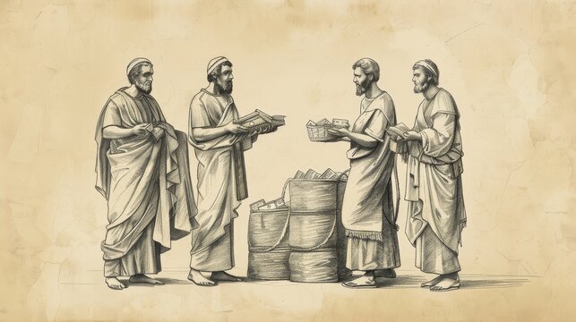 Biblical Illustration of the Parable of the Talents, Servant Burying Talent on Beige Background with Copyspace