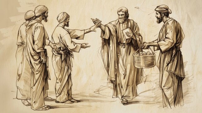Biblical Illustration of the Parable of the Talents, Master Entrusting Money on Beige Background with Copyspace