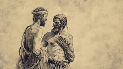 Fototapeta premium Biblical Illustration of the Parable of the Pharisee and the Tax Collector: Contrasting Prayers, Beige Background, Copyspace