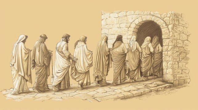 The Parable of the Ten Virgins: Wise Virgins Entering Wedding Feast, Biblical Illustration, Beige Background, Copyspace for Inspirational Messages