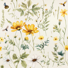 Watercolor illustration featuring wildflowers with yellow blooms and green leaves, accented by delicate insects