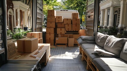 Moving truck filled with cardboard boxes and furniture 