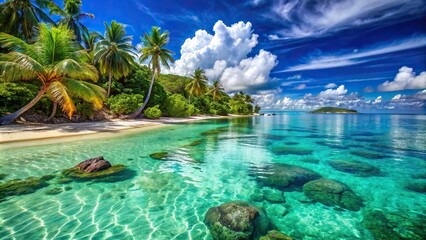 Scenic view of beautiful beach with crystal clear sea water, perfect for a relaxing vacation , beach, sea, ocean, waves, sand, shore, relaxation, tranquil, peaceful, summer, vacation, getaway