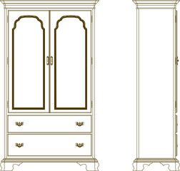 Vector illustration sketch of detailed design of old classic vintage teak wood wardrobe for luxury home room interior
